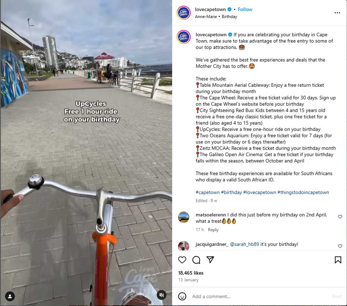 An Instagram account shared all the fun free activities South African citizens can enjoy on their birth month. An Instagram account shared all the fun free activities South African citizens can enjoy on their birth month.