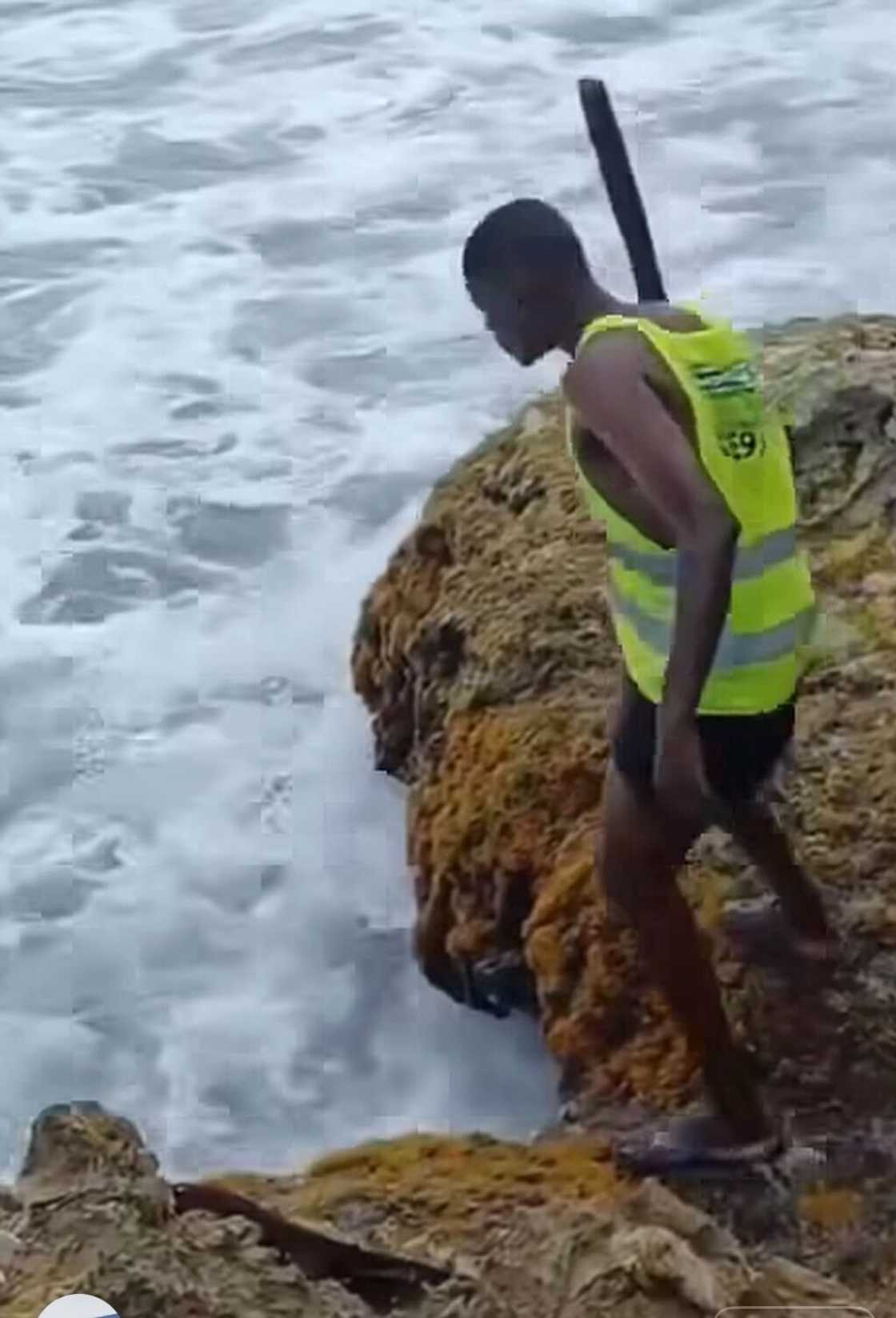 A young man pretending to be Moses got swept away by an ocean wave during a hilarious stunt. A young man pretending to be Moses got swept away by an ocean wave during a hilarious stunt.