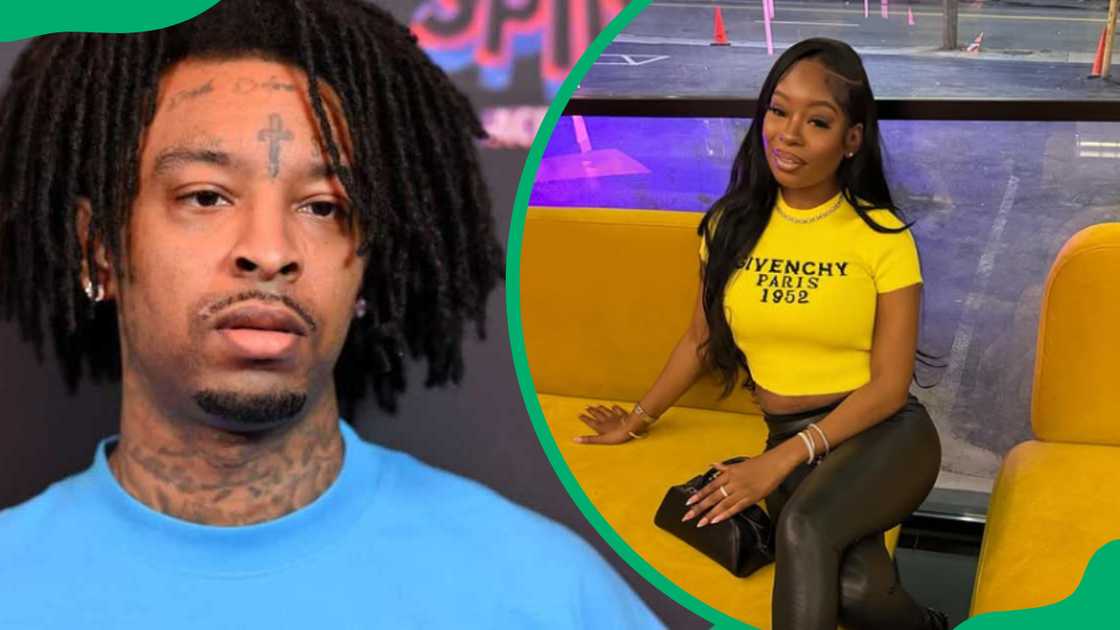 21 Savage in blue shirt and Keyanna Joseph in a yellow top and black pants
