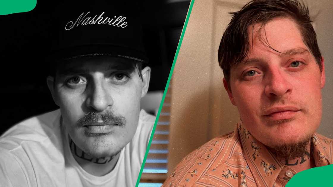 A black and white Ryan Upchurch pic in a white tee, and the rapper poses in a brown floral shirt A black and white Ryan Upchurch pic in a white tee, and the rapper poses in a brown floral shirt