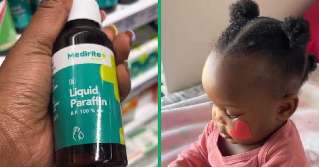 Mom using liquid paraffin on baby's hair