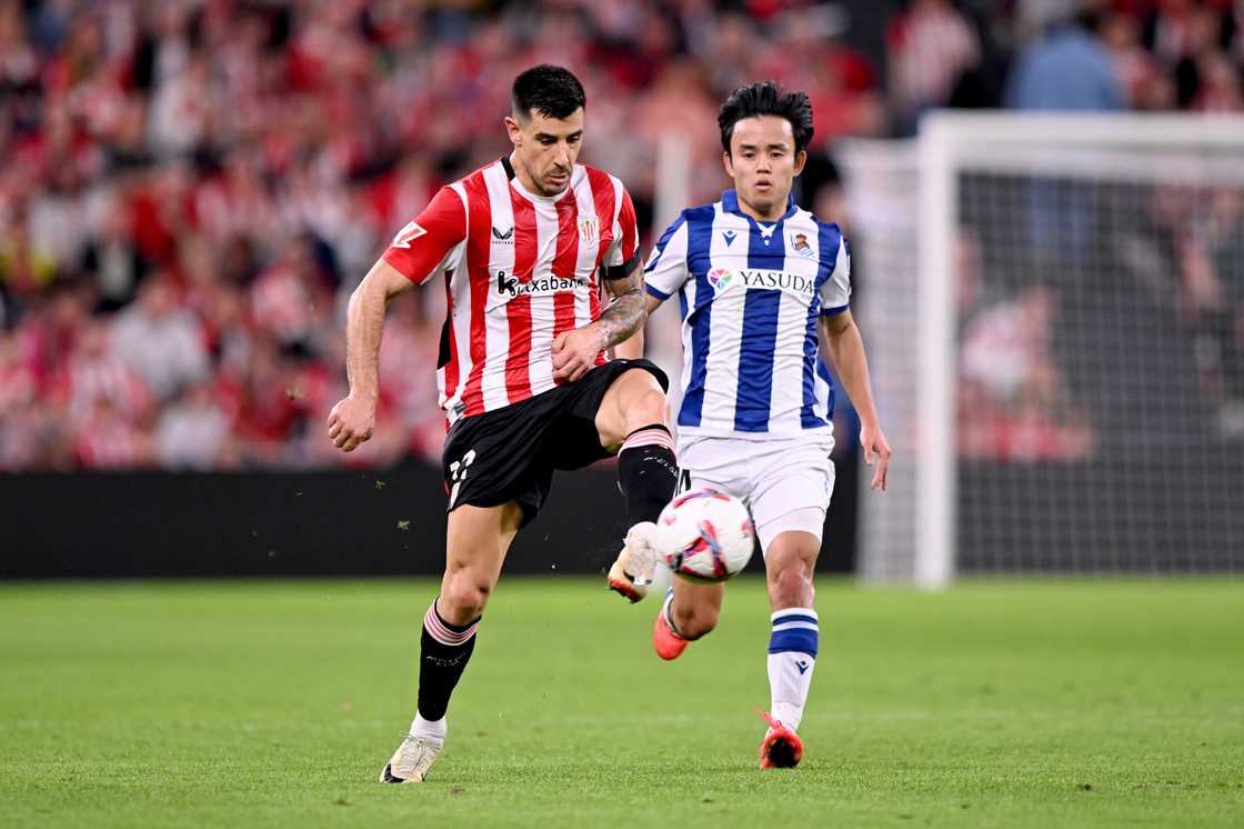 Yuri Berchiche and Takefusa Kubo at the San Mames Stadium in Bilbao, Spain