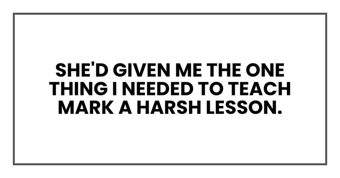 she'd given me the one thing I needed to teach Mark a harsh lesson. she'd given me the one thing I needed to teach Mark a harsh lesson.