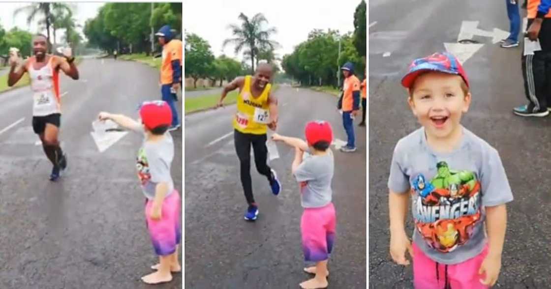 A little boy hands out water packs to runners and has an adorable reaction when one runner finally takes water from him. A little boy hands out water packs to runners and has an adorable reaction when one runner finally takes water from him.