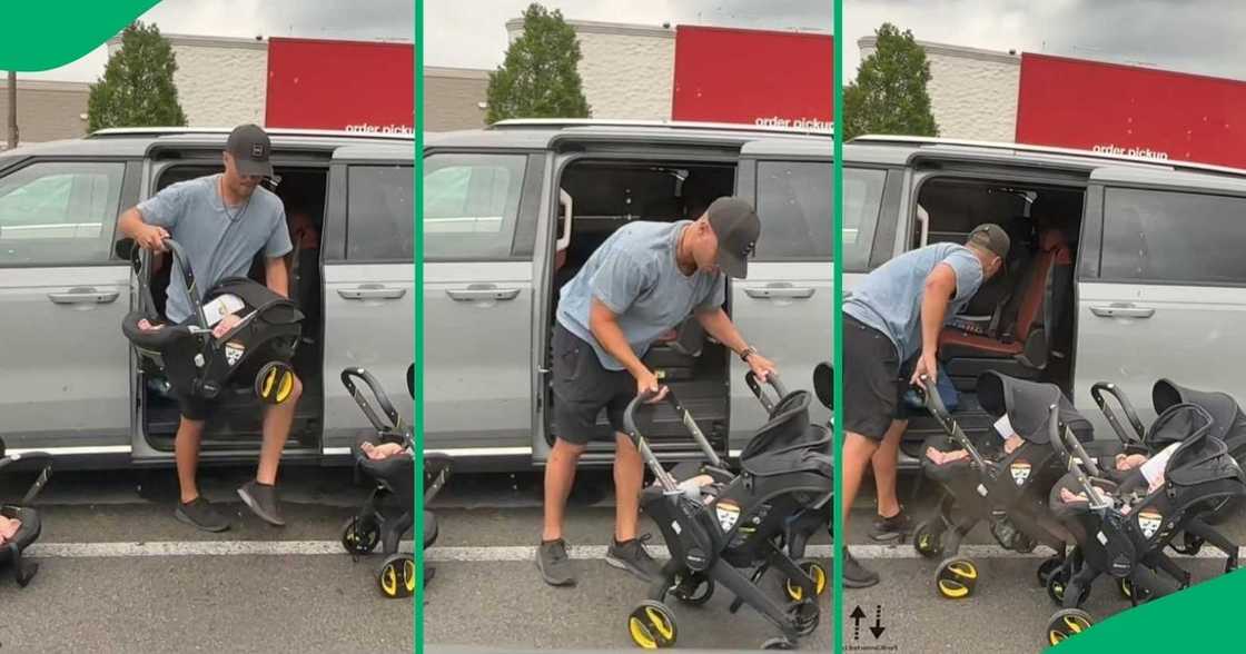 A TikTok video shows a dad's invention for converting strollers for triplets.