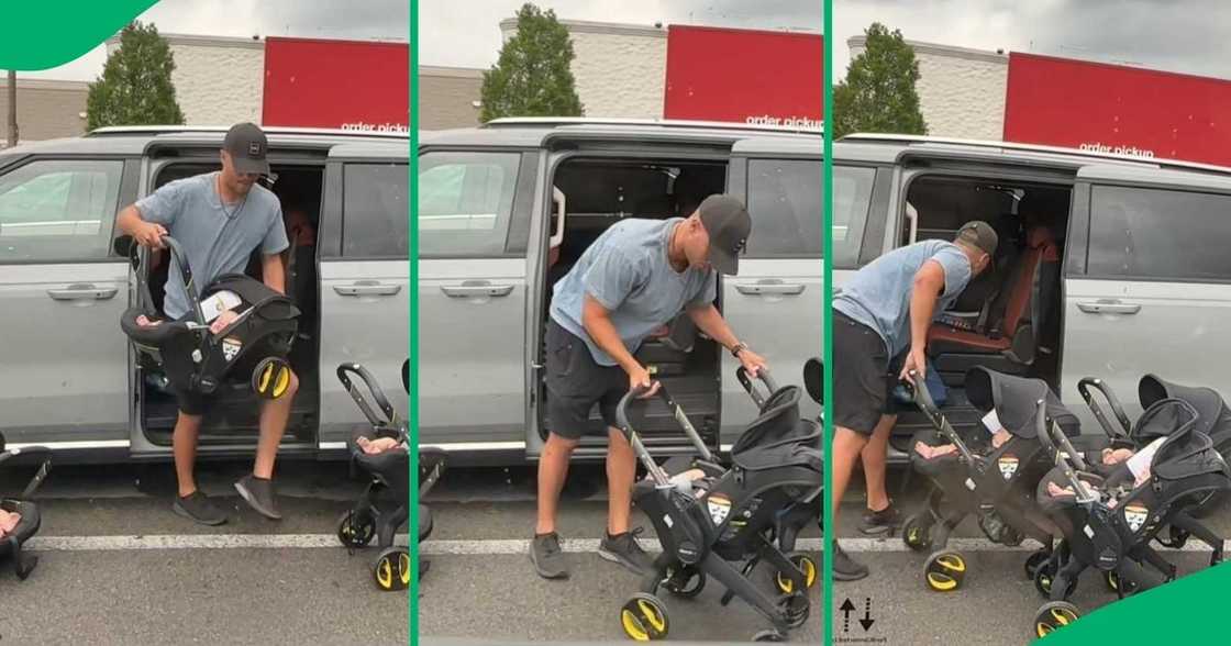 A TikTok video shows a dad's invention for converting strollers for triplets. A TikTok video shows a dad's invention for converting strollers for triplets.