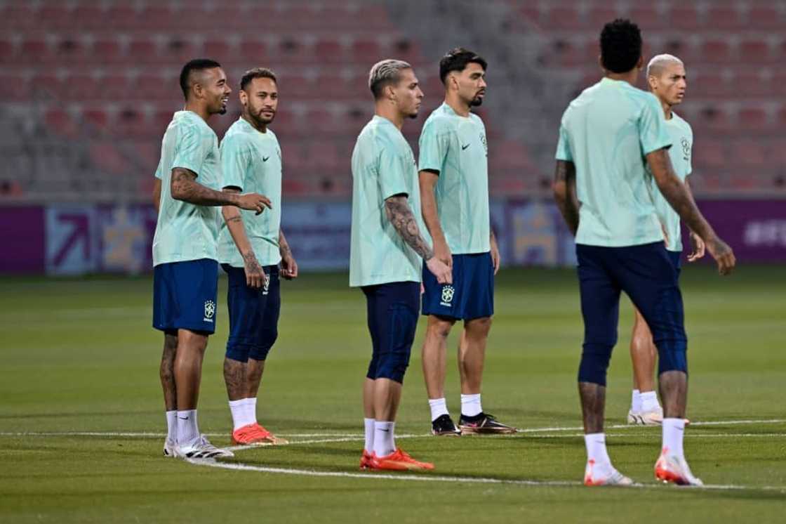 Neymar (2nd L) with his Brazil teammates at training in Doha on Wednesday