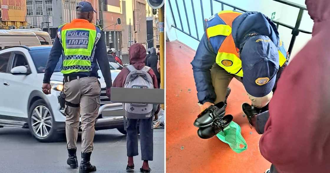 JMPD officer pictured helping a little girl cross the street JMPD officer pictured helping a little girl cross the street
