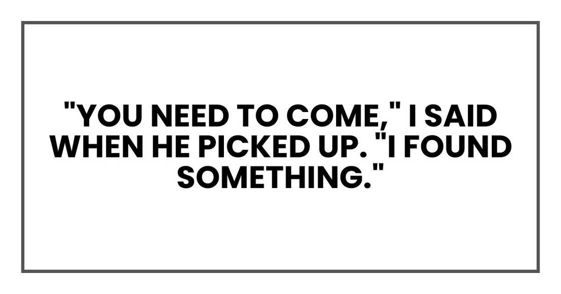 "You need to come," I said when he picked up. "I found something." "You need to come," I said when he picked up. "I found something."