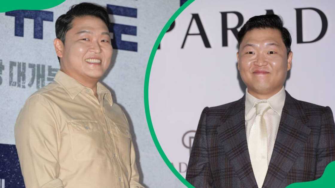 PSY at LOTTE CINEMA World Tower in Seoul, South Korea (L). Psy at the 'PARADISE CITY' Grand Opening in Incheon, South Korea (R).