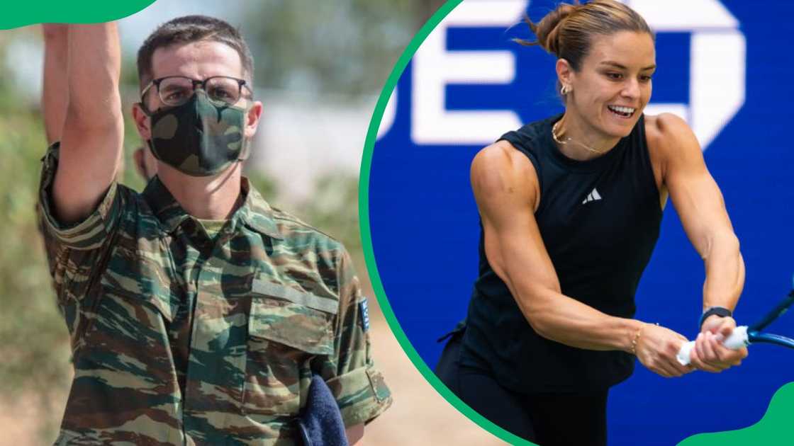 Konstantinos rocking his military uniform (L). Maria Sakkari at the 2024 US Open (R)