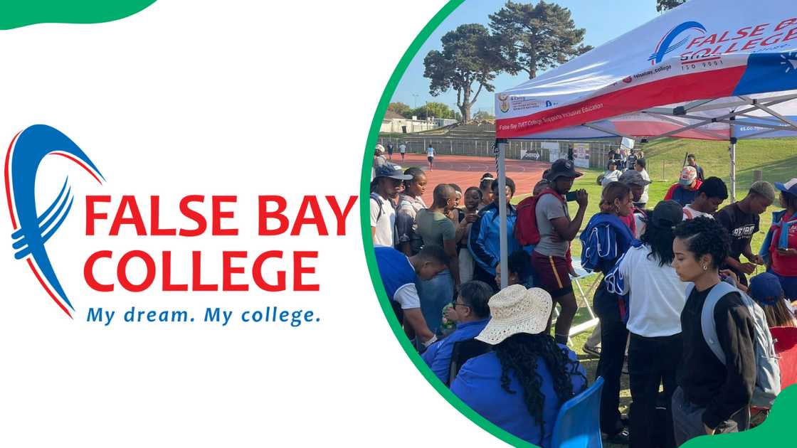 The False Bay College logo and students from the college in their institute-branded tent during a sporting event The False Bay College logo and students from the college in their institute-branded tent during a sporting event