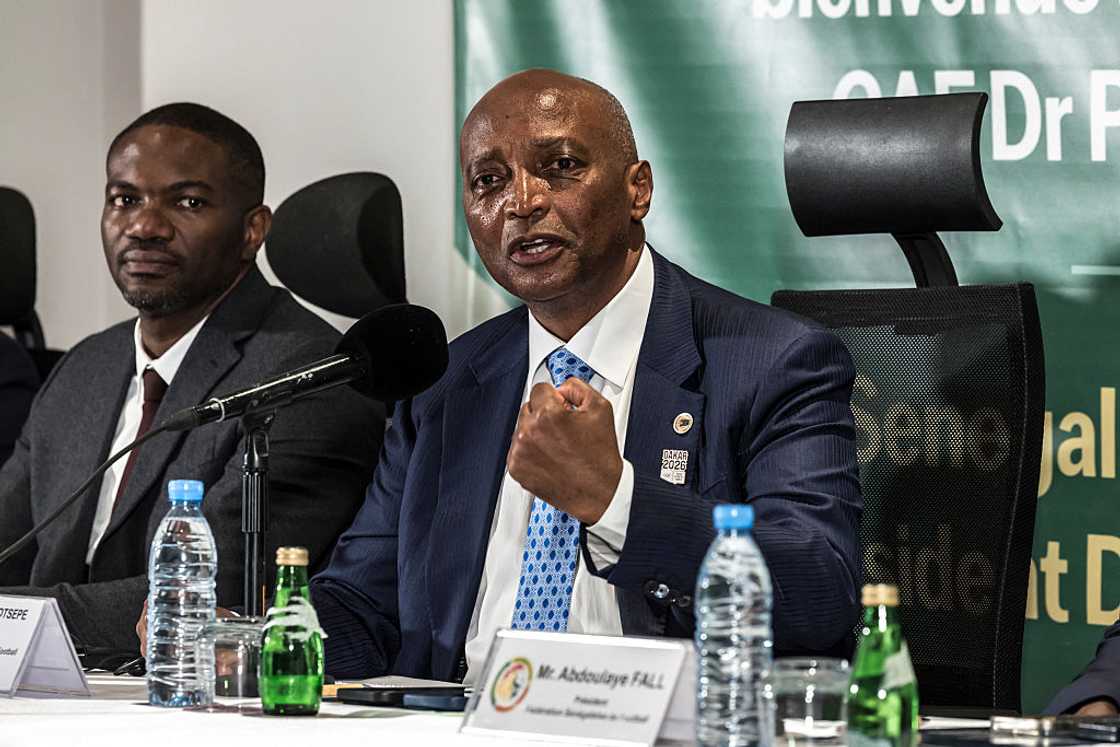 President of Confederation of African Football (CAF) Patrice Motsepe speaks during a press conference at the Pullman Hotel in Dakar on April 8, 2026
