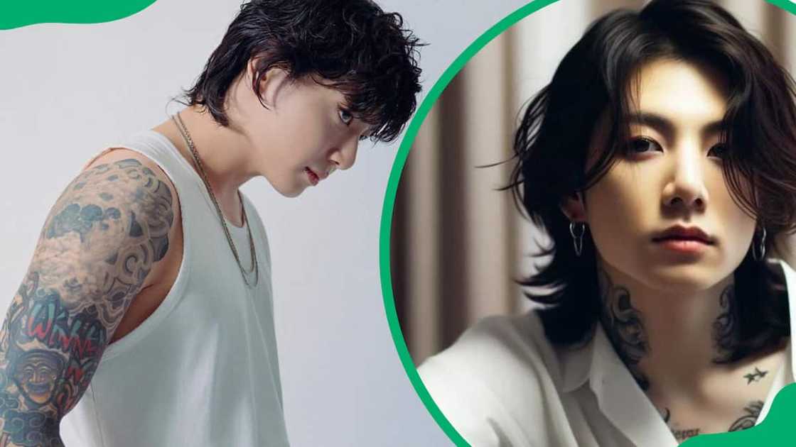 Jungkook wearing a light-coloured tank top (L). The BTS member in a white sleeveless top (R) Jungkook wearing a light-coloured tank top (L). The BTS member in a white sleeveless top (R)