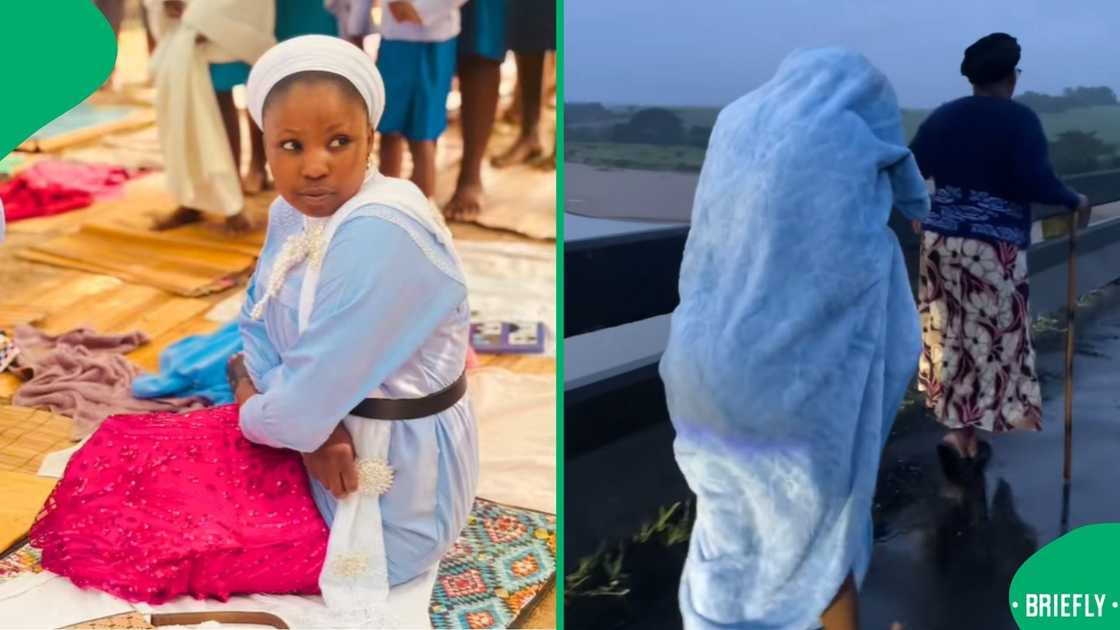 The woman walked barefoot in the rain, covered in a blanket, and stood at the bridge, overlooking a river The woman walked barefoot in the rain, covered in a blanket, and stood at the bridge, overlooking a river