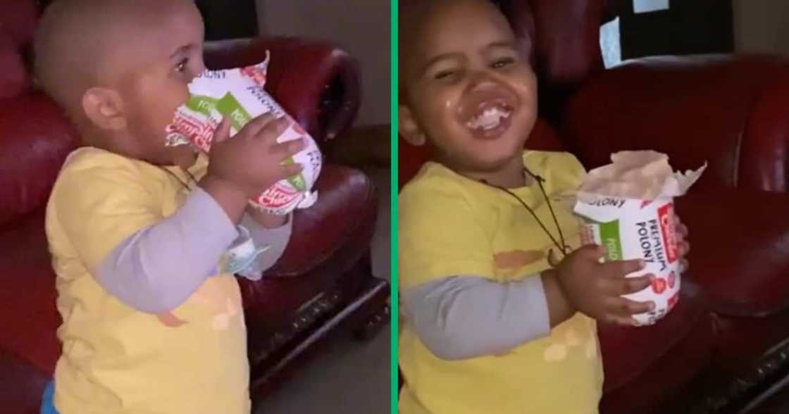 An adorable toddler wolfed down a roll of polony An adorable toddler wolfed down a roll of polony