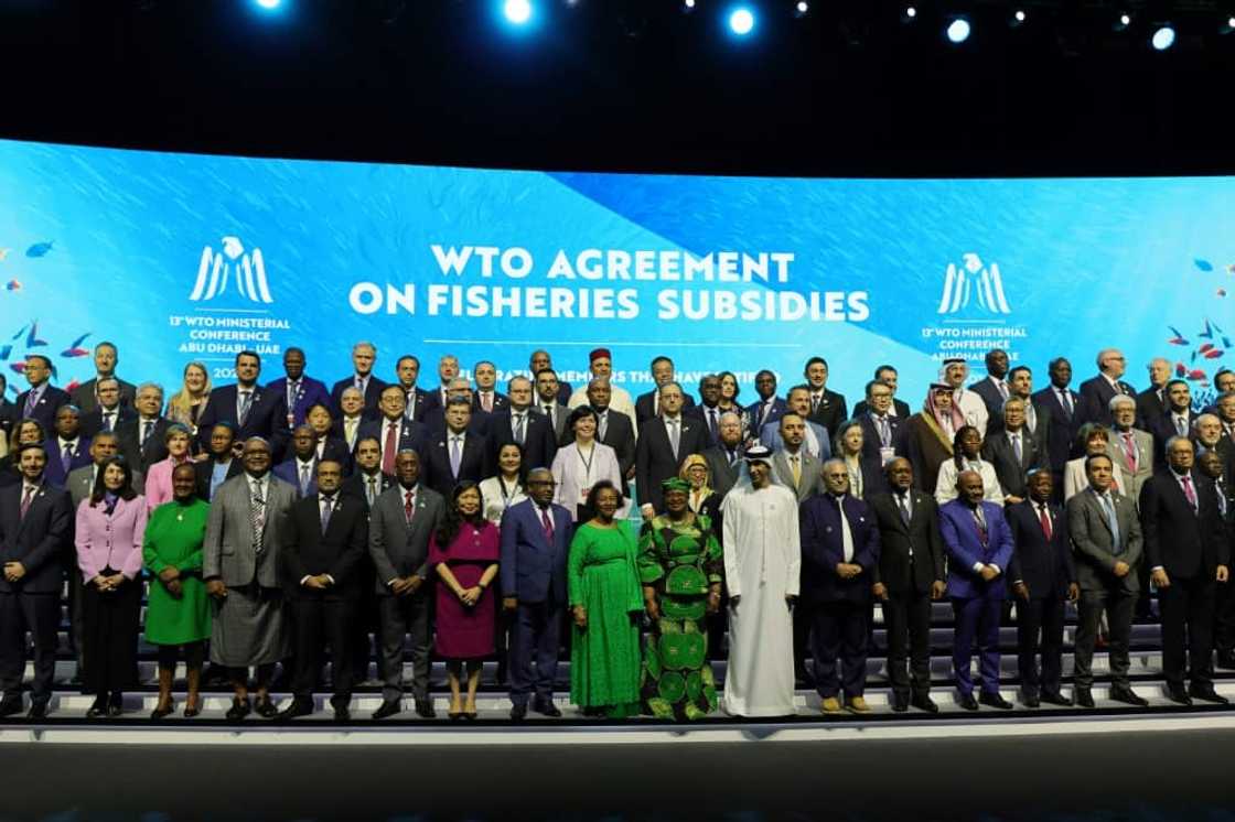 Delegates take a group picture during a session on fisheries subsidies during the 13th WTO Ministerial Conference in Abu Dhabi of February 26, 2024. The world's trade ministers gathered in the UAE on February 26 for a high-level WTO meeting with no clear prospects for breakthroughs, amid geopolitical tensions and disagreements. Delegates take a group picture during a session on fisheries subsidies during the 13th WTO Ministerial Conference in Abu Dhabi of February 26, 2024. The world's trade ministers gathered in the UAE on February 26 for a high-level WTO meeting with no clear prospects for breakthroughs, amid geopolitical tensions and disagreements.