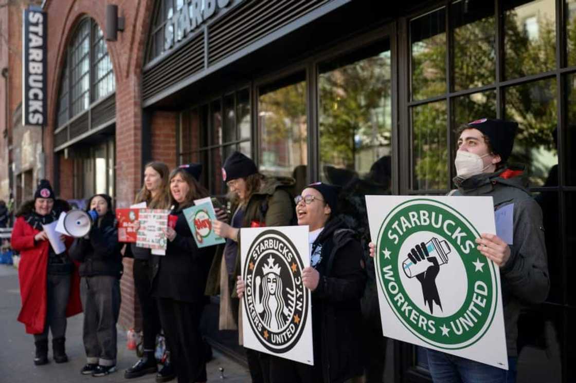Starbucks workers protested in New York City as part of a planned strike in over 100 US stores on Thursday Starbucks workers protested in New York City as part of a planned strike in over 100 US stores on Thursday