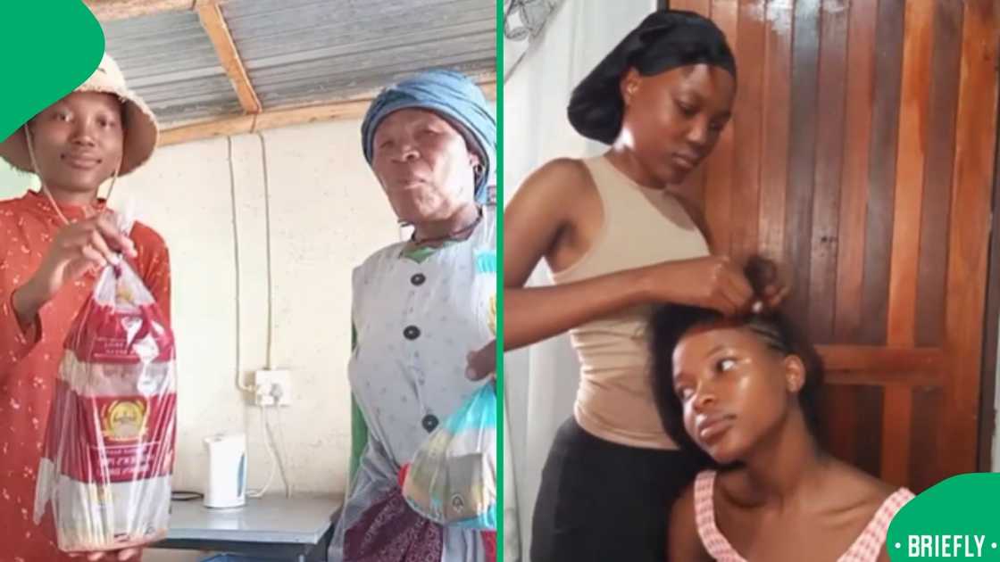 Tshephang on the right braiding her twin's hair