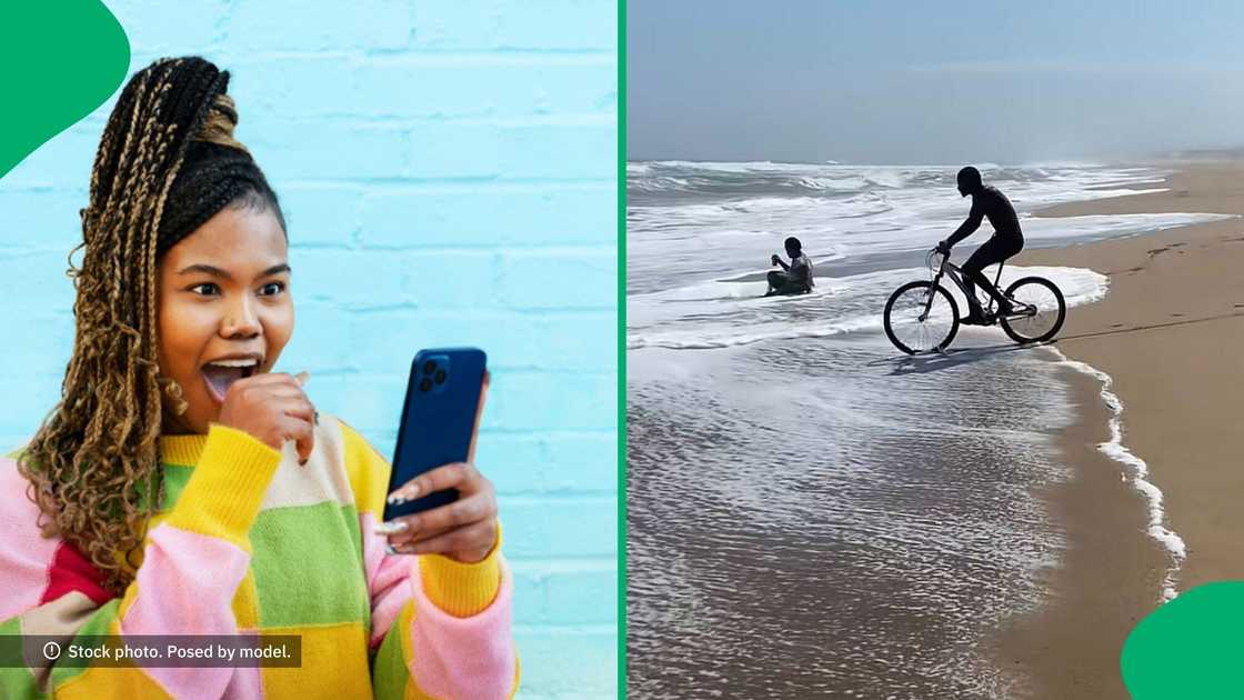 A TikTok video shows a man cycling into the ocean, which amused.