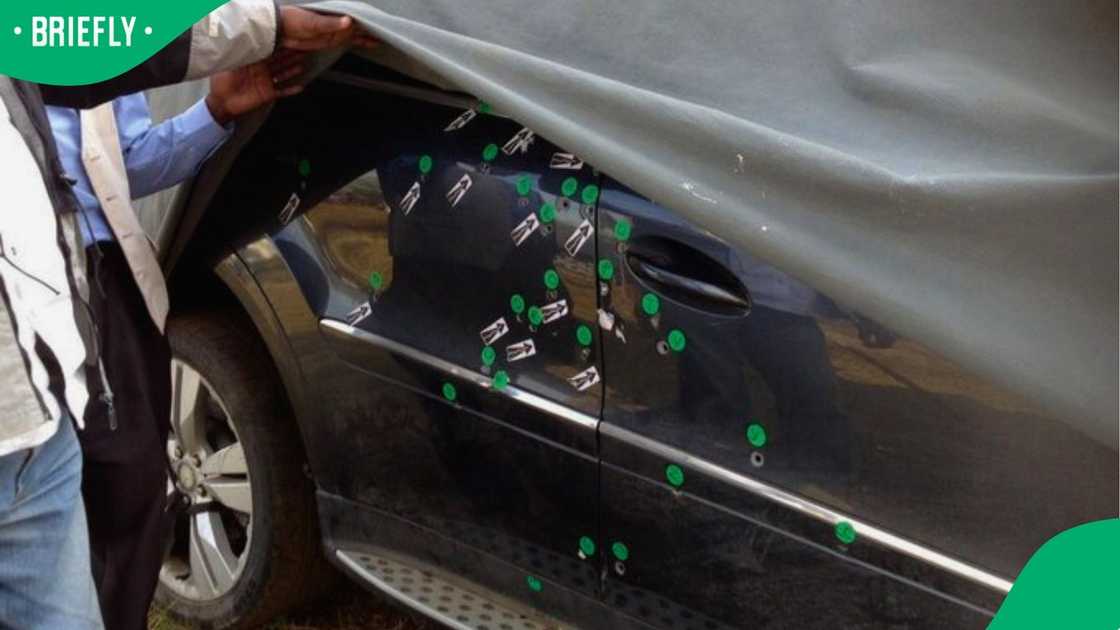 Sindiso Magaqa's vehicle was riddled with bullet holes Sindiso Magaqa's vehicle was riddled with bullet holes