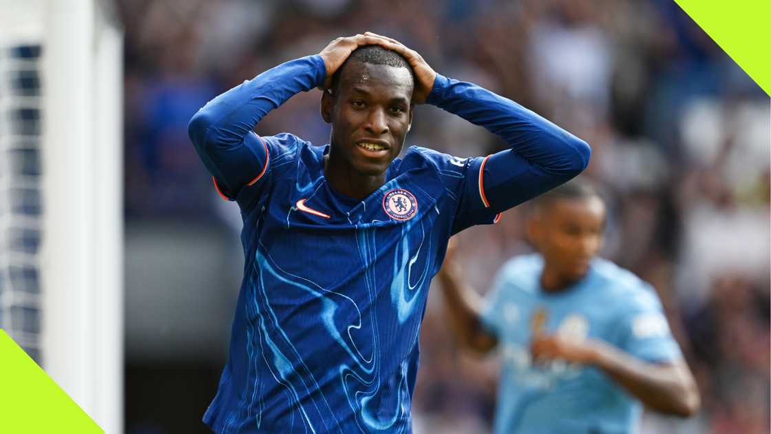 Nicolas Jackson reacts after missing a goal against Manchester City.