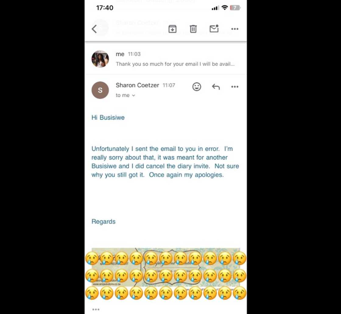 A woman shared a screenshot of the rejection email she received from a recruiter. A woman shared a screenshot of the rejection email she received from a recruiter.