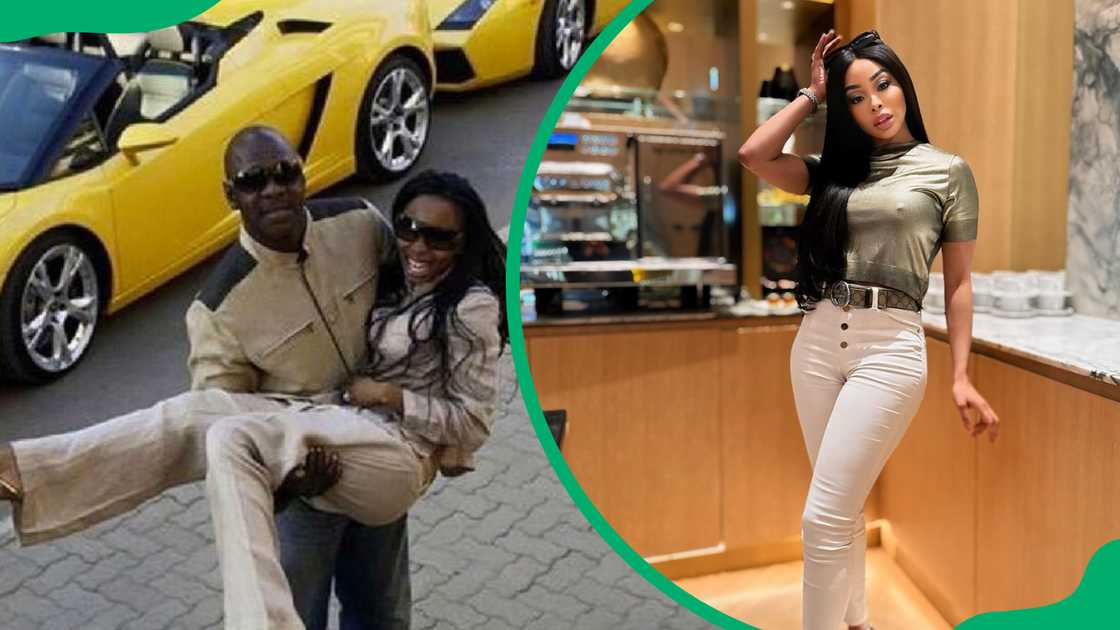 Manda Mthembu holds Khanyi Mbau in his arms and Khanyi in a grey top and white pants