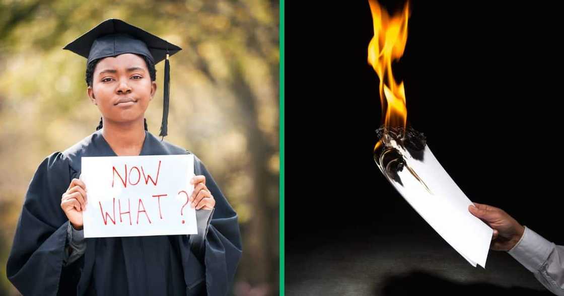 A student from the University of South Africa burned her LLB degree and was condemned for her actions A student from the University of South Africa burned her LLB degree and was condemned for her actions