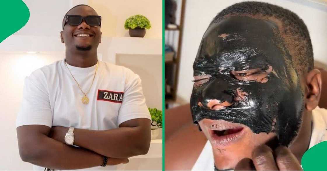 Man struggles to remove charcoal face mask. Man struggles to remove charcoal face mask.