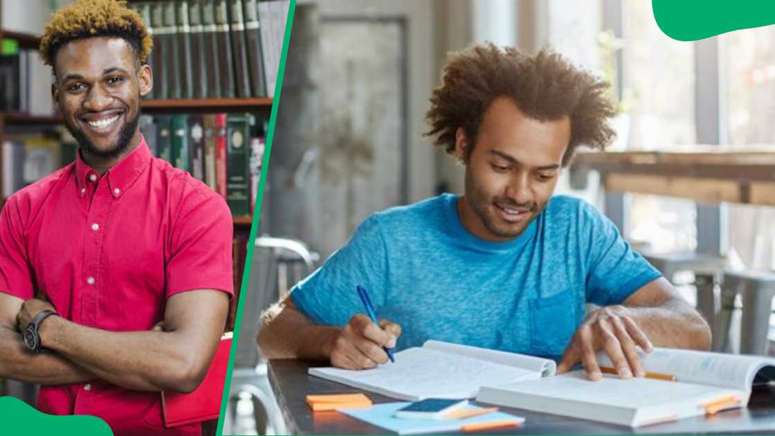 A student with a book in the library and another student taking notes A student with a book in the library and another student taking notes