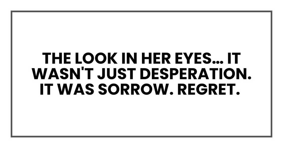 the look in her eyes… it wasn't just desperation. It was sorrow. Regret. the look in her eyes… it wasn't just desperation. It was sorrow. Regret.