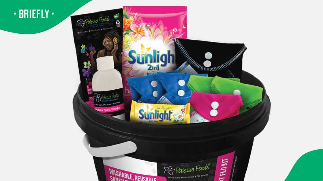 Sanitary goods placed inside a promo bucket