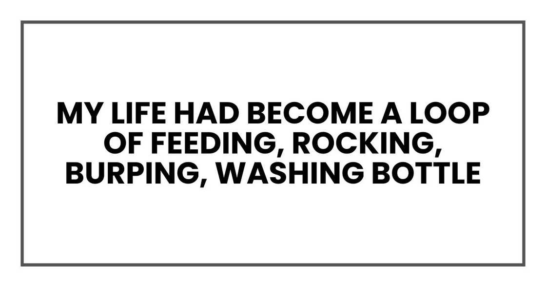 My life had become a loop of feeding, rocking, burping, washing bottle My life had become a loop of feeding, rocking, burping, washing bottle