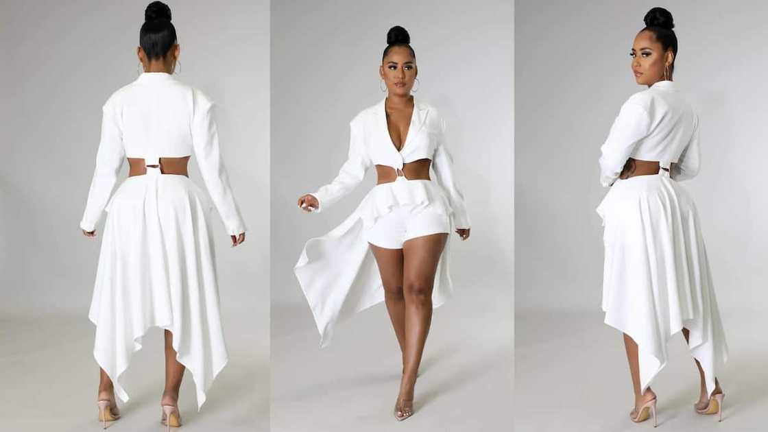 Long-sleeved collared romper with a long train and cutout detail Long-sleeved collared romper with a long train and cutout detail