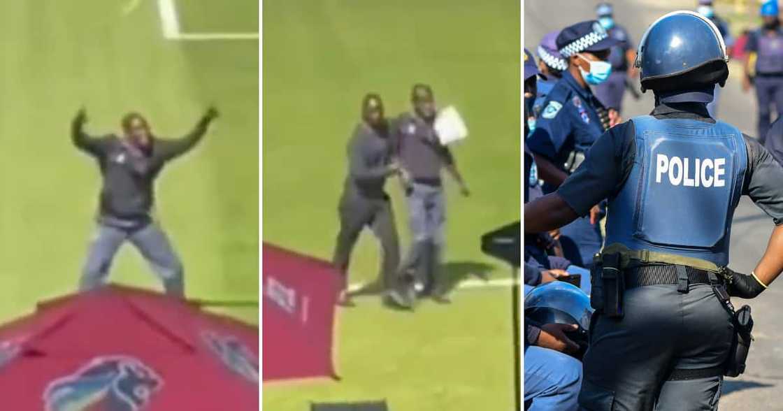 A drunk police officer at an Olrando Pirates game A drunk police officer at an Olrando Pirates game