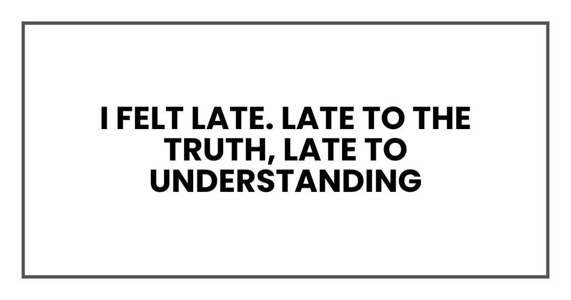 I felt late. Late to the truth, late to understanding I felt late. Late to the truth, late to understanding