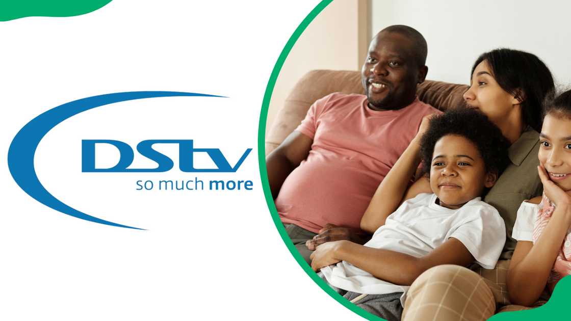 The DStv logo and a happy family watching the television