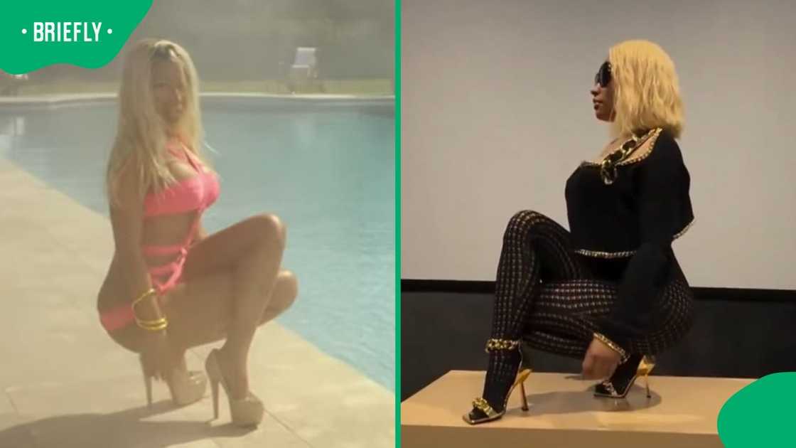 Nicki Minaj in her 'High School' music video and recreating the pose.