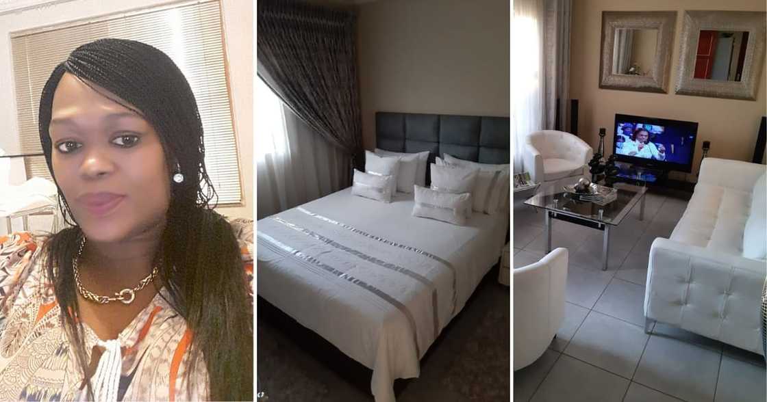 The lady has a lovely home with white furniture, bedding, and cupboards The lady has a lovely home with white furniture, bedding, and cupboards