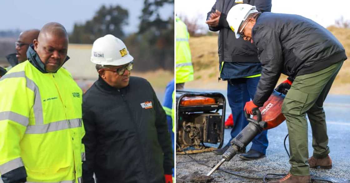 Minister of Transport Fikile Mbalula fixing potholes Minister of Transport Fikile Mbalula fixing potholes