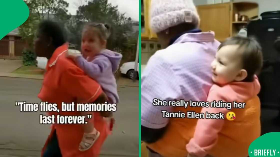 The visual on the right revealed that the little girl loved being on her nanny's back
