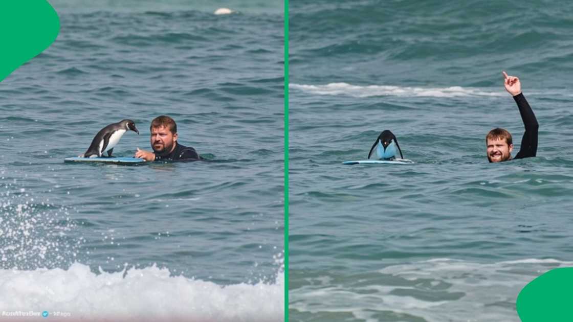 A video captured the heartwarming moment a penguin hopped onto a bodyboard in Cape Town A video captured the heartwarming moment a penguin hopped onto a bodyboard in Cape Town