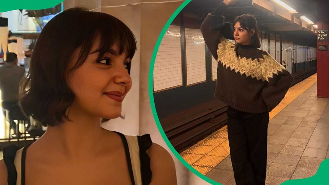 Samantha Lorraine at a fancy hotel (L). The actress at the train station (R) Samantha Lorraine at a fancy hotel (L). The actress at the train station (R)