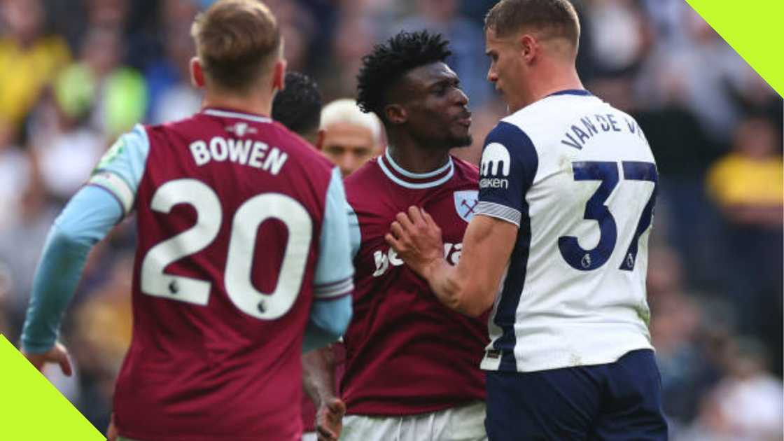 Mohammed Kudus and Micky Van de Ven during the EPL game between West Ham and Spurs.