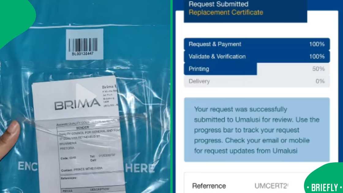 The image on the right captured her request for a matric certificate replacement The image on the right captured her request for a matric certificate replacement