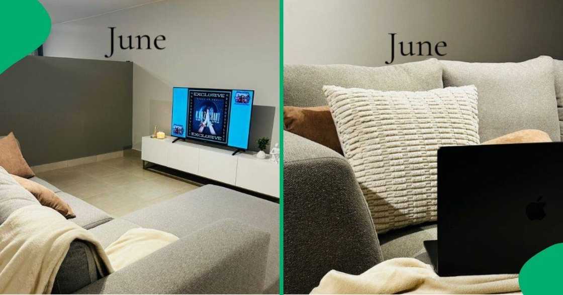 A woman shows off her living room and new Apple MacBook. A woman shows off her living room and new Apple MacBook.
