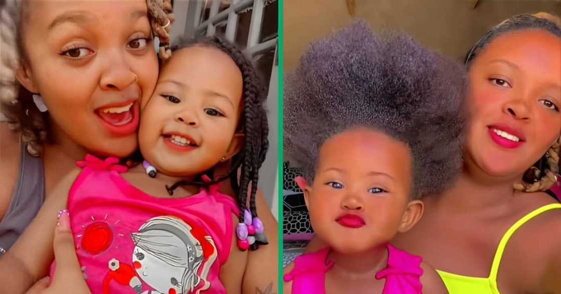A TikTok video shows a woman relaxing her daughter's hair. A TikTok video shows a woman relaxing her daughter's hair.