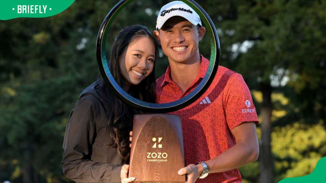 Collin Morikawa and Katherine Zhu during the 2023 Zozo Championships PGA golf tournament at the Narashino Country Club