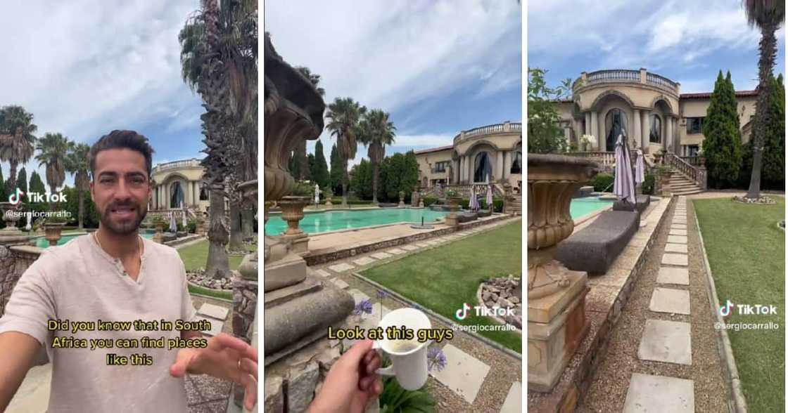 A gent took a stroll with a cup of coffee at a luxury estate. A gent took a stroll with a cup of coffee at a luxury estate.